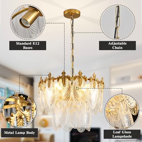 Antique Chandeliers 2-Layer Gold Crystal Glass Chandelier, 4-Light Round Pendant Light 17.7" Brushed Brass Adjustable Height, Applicable to Dining Room, Bedroom, Living Room, Foyer, Kitchen Island - Image 4