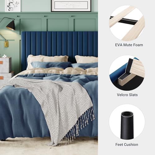 Allewie King Bed Frame, Velvet Upholstered Platform Bed with Adjustable Vertical Channel Tufted Headboard, Mattress Foundation with Strong Wooden Slats, Box Spring Optional, Easy Assembly, Navy Blue - Image 5
