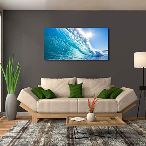 Haichuang Decor Art Ocean Wave Canvas Wall Art, 40x20 Inches Framed Turquoise Sea Wave Wall Decor, Wood Frame Waterproof HD Giclee Print, Ready to Hang Coastal Artwork for Living Room Bathroom Office - Image 2