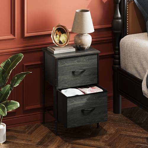 WLIVE Black Night Stand Set of 2, Small Dresser with 2 Drawers & Wooden Top, Nightstand with Fabric Bins, Bedside Table End Table for Bedroom, Closet, Entryway, College Dorm, Charcoal Black - Image 2