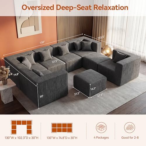 MONVANE Modular Sectional Sofa, Oversized 8 Seat Convertible U Shaped Couch with Ottoman, Comfy Chenille Cloud Couch with Deep Seat, Sectional Couches for Living Room, No Assembly Required, Grey - Image 3