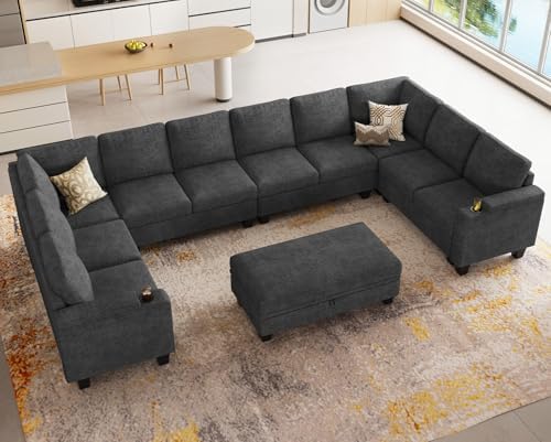 Belffin Oversized U Shaped Modular Sectional Couches for Living Room 10 Seater Modular Sofa Set with Storage Ottoman Large Sectional Couch with Cup Holder. Dark Grey Sofa - Image 4
