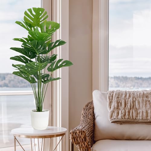 SAJANDAS Set of 2 Artificial Monstera Deliciosa Plants in Pots, Fake Tropical Trees with Greenery Leaves Stems, 32 Inch Faux Swiss Cheese Floor Plants for Home Porch, Garden, Office, Store Decor - Image 2