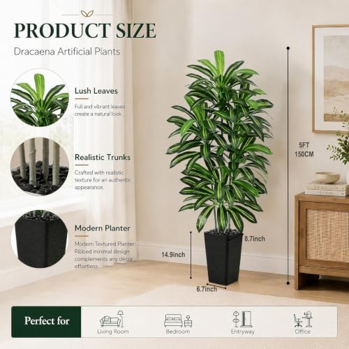 Artificial Dracaena Tree 5FT / Black Planter, Tall Plants Indoor - Image 4