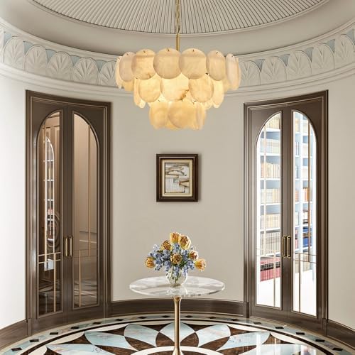 Alabaster Round Chandelier, 26" Natural Spanish Marble Stone Texture Chandeliers, 9-Light Dimmable Alabaster Chandelier, Modern Luxury Lighting for Living Room, Bedroom, Hallway - Image 7