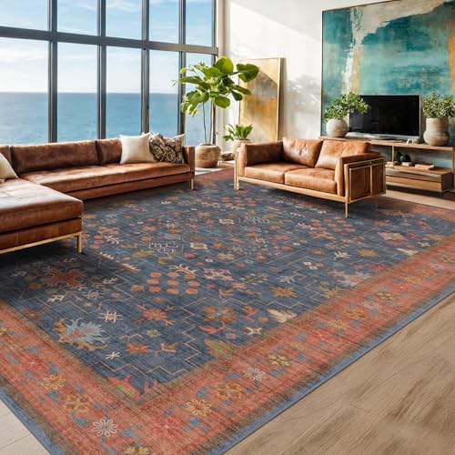 Boho Navy Blue 10x14 Area Rug for Living Room, Extra Large Dining Room Rugs for Under Table, Soft Low Pile Carpet for Bedroom - Vintage Floral Rug, Non-Slip & Stain Resistance (10x14 Navy Blue) - Image 6