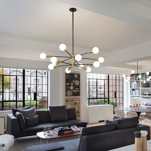 RUIYEY Modern Chandelier Ceiling Light Fixture - 33.4" 12-Light Gold and Black Sputnik Chandeliers, Height Adjustable Industrial Farmhouse Pendant Lighting for Dining Room, Living Room, Kitchen Island - Image 6