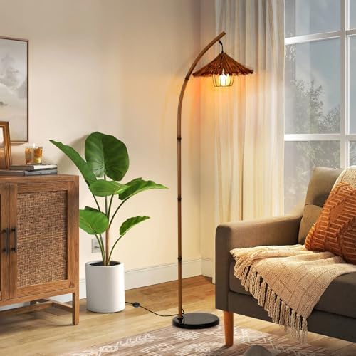 beaysyty Bamboo Floor lamp Mid Century Rattan Retro Floor lamp Bohemian,Arc Floor Lamps for Living Room Tall Reading Lamps Antique Rattan Style for Bedroom Dining Room Farmhouse Study (Brown) - Image 3