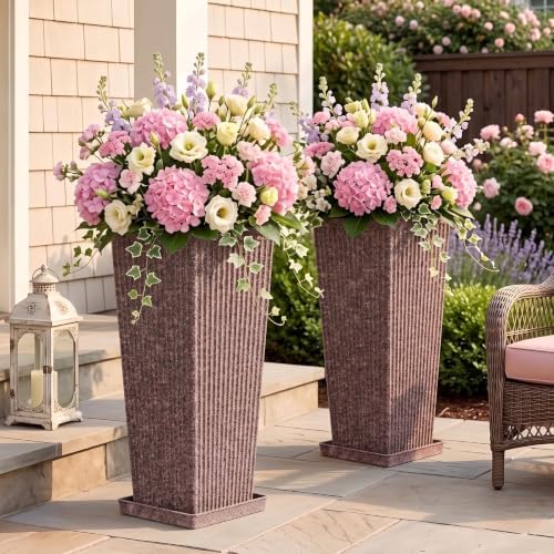 Square Tall Planters for Outdoor Plants with Tray - Stone Finishes - Image 7