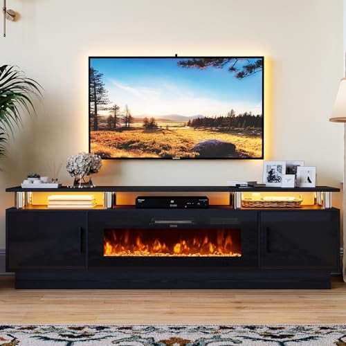 80" TV Stand for Living Room, Large Entertainment Center & Media Console, Fits TVs up to 90", Storage Cabinet with Shelves, 36" Electric Fireplace (All Black) - Image 5