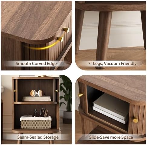 Decofy Fluted Nightstand Set of 2, Charging Station & Sliding Doors, Walnut - Image 5