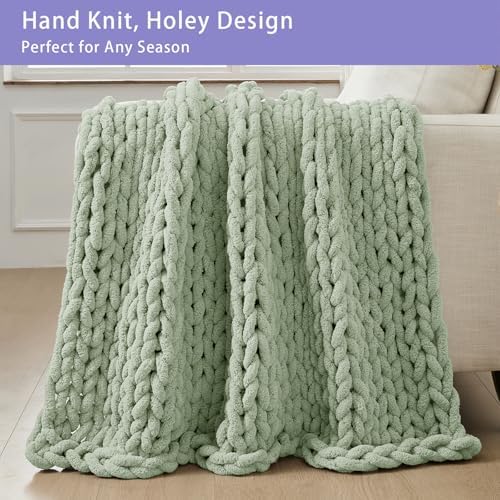 Bigacogo Chunky Knit Throw Blanket for Couch, 40x60 inches, Sage Green - Image 4