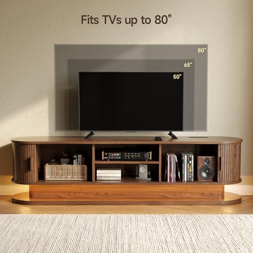 ONBRILL 70" TV Stand up to 80 Inch with LED Lights and Power Outlet, Walnut - Image 3
