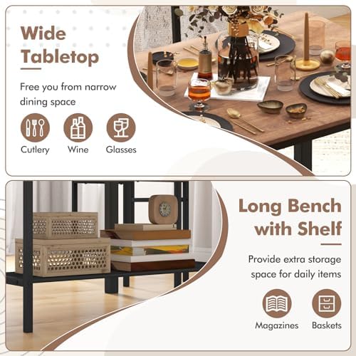Dining Table Set for 4 with Storage Bench & 2 Chairs, Teak - Image 2