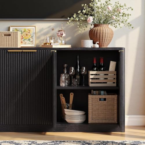 Evermagin 67" Fluted Black Buffet Cabinet with Storage - Image 5