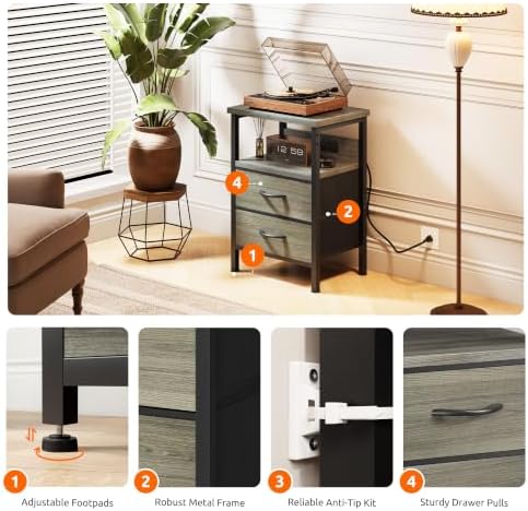 Lazzanto Night Stand with Charger Station, 2 Fabric Drawers, Grey - Image 7