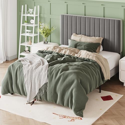 Allewie Twin Bed Frame, Velvet Upholstered Platform Bed with Adjustable Vertical Channel Tufted Headboard, Mattress Foundation with Strong Wooden Slats, Box Spring Optional, Easy Assembly, Grey - Image 4