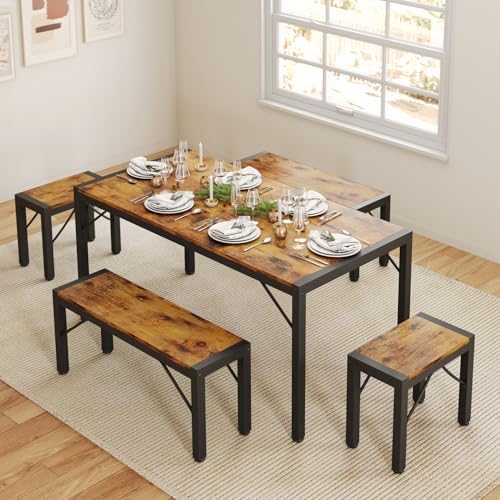 Gizoon 63" Dining Table Set for 6, Kitchen Table w/Bench & Stools Retro - Image 3