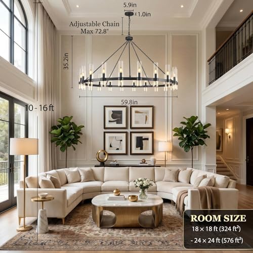 60-Inch Black Wagon Wheel Chandelier for High Ceilings, Modern Farmhouse - Image 2