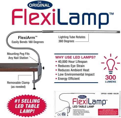 Americanails Original FlexiLamp - LED Table Desk Lamp - Removable Clamp - Adjustable Lighting for Nail Stations - Manicure Table Light - Flexible Arm - 48 LED Beads - 300 Lumens - Image 2