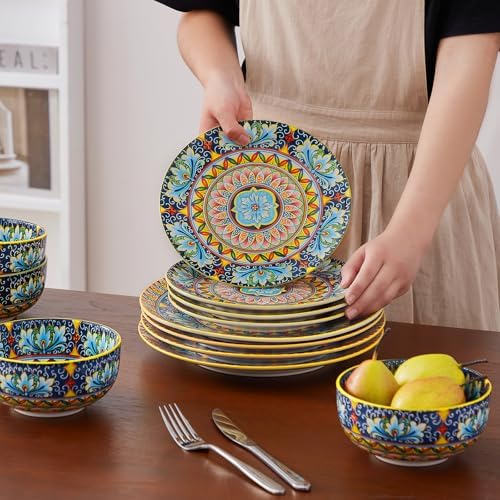 vancasso 12 Pieces Dinnerware Sets, Yellow Plates and Bowls Set, Porcelain Dishes Set for 4, Microwave and Dishwasher Safe, Scratch Resistant, Bohemian Style Dining Ware Service for 4, Series SIMI - Image 6