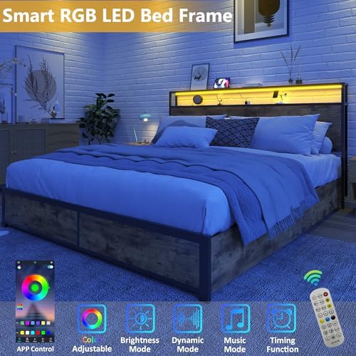 Lifezone Queen Bed Frame with 2-Tier Storage Headboard, Metal Platform Bed Frame with 4 Storage Drawers, Built in Charging Station & LED, Noise-Free/Metal Support/No Box Spring Needed, Vintage Brown - Image 4