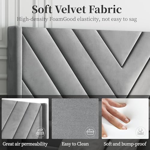 Yaheetech Full Bed Frame with Chevron Channel-Tufted Headboard, Light Gray - Image 5