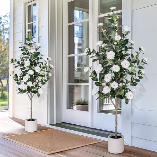 Yepdin 63 inch Artificial Camellia Tree with White Flower Pots -2 Pack White Fake Tree,5 Ft Faux Plants Indoor wich Blooming,Artificial Plants for Indoor & Outdoor Home Front Door Decor by Yepdin