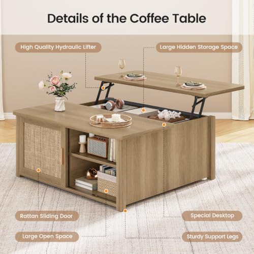 SEDETA 31.5" Lift Top Coffee Table with Storage, Square Coffee Tables for Living Room, Farmhouse Coffee Table with Large Hidden Storage Compartment and Adjustable Shelves, Rattan Oak - Image 3
