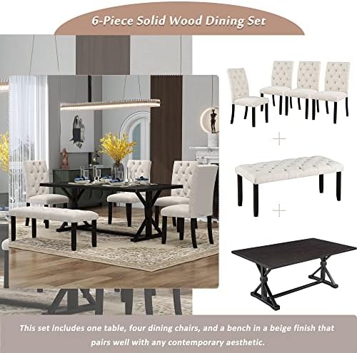 Mirightone 6-Piece Farmhouse Dining Table Set for 6 Rectangular Table Set with 4 Upholstered Chairs and Bench, Solid Wood Dining Table Set for Kitchen, Dining Room (Espresso) - Image 4