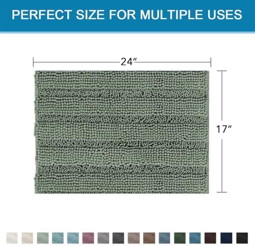 H.VERSAILTEX Bathroom Rugs Bath Rugs Non Slip Bath Mats Extra Thick Chenille Striped Rug 17" x 24" Absorbent Soft Shaggy Washable Dry Fast Bath Mats for Bathroom Floor - Green Bay - Image 2