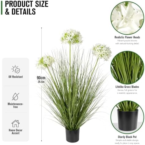 Ttranewsoo Artificial Grass Plant with White Flowers, 35.4 Inch Tall Faux Potted Plant, UV Resistant Greenery for Indoor and Sheltered Outdoor Floor Decor, 1 Pack - Image 3