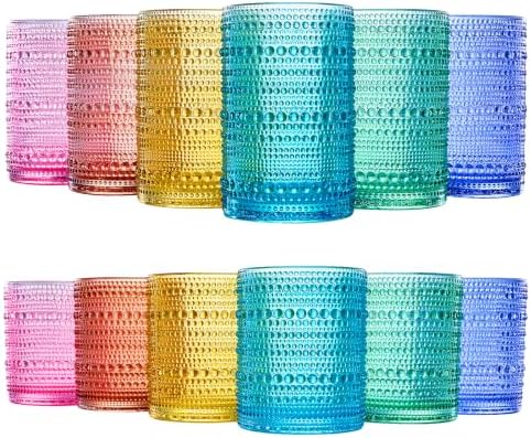 Khen Hobnail Beaded Highball Drinking Tumbler Glasses | Set of 12 | Color, Vintage Bubble Design Whiskey Glassware, Old-Fashioned, Embossed Design for Water, Wine, Cocktail Embossed, Rocks Glass by Khen