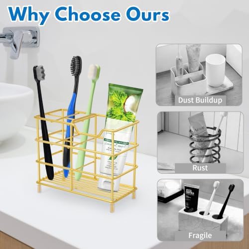 Urbanstrive 304 Stainless Steel Bathroom Toothbrush Holder Toothpaste Holder Stand Bathroom Accessories Organizer, Gold - Image 2