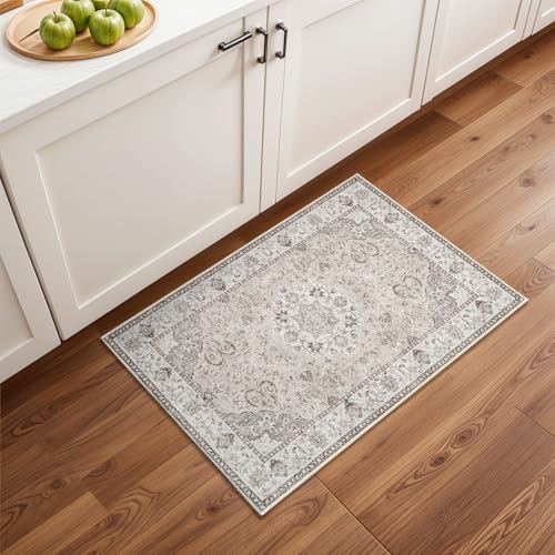 Washable 2x3 Entryway Area Rug - Neutral Kitchen Rug Runner Vintage Soft Floor Mat Non Slip Indoor Farmhouse Carpet for Bathroom Living Room Bedroom (2 X 3, Beige) - Image 6