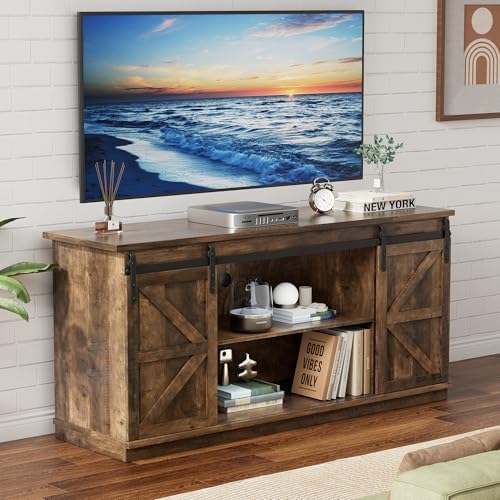 YESHOMY 58" TV Stand for TVs up to 65", Sliding Barn Doors, Barnwood by SearchallYESHOMY