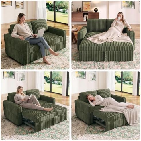 HONBAY Modular Pull Out Sofa Bed,Corduroy Loveseat, Couches for Living Room,Green - Image 4