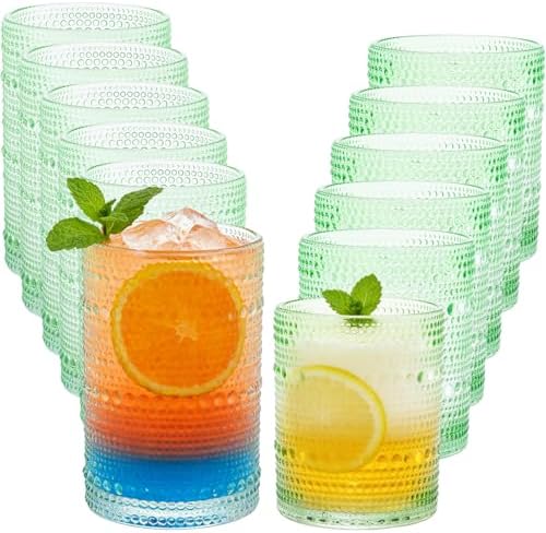 Hobnail Beaded Drinking Glasses Set of 12, 12 oz & 15oz Vintage Glassware Set Romantic Water Glasses Tumbler, Water Cups, Embossed Glassware Set for Beer, Juice, Cocktail, Soda, Beverages Green by XKXKKE