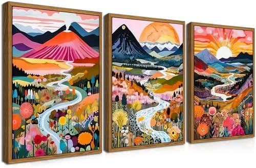 Floating Framed Boho Colorful Wall Art, Abstract Watercolor Mountain Landscape Wall Decor Painting Set of 3, Modern Flower Aesthetic Posters Prints for Living Room Bathroom Bedroom 12x16 Inch by fancynewWallArt