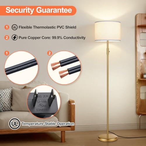 【Upgraded】 Dimmable Gold Floor Lamps for Living Room, 9W LED Bulb Included, Modern Standing Lamp with White Lamp Shade, Tall Pole Light for Bedroom Reading Office Corner Nursery - Image 6