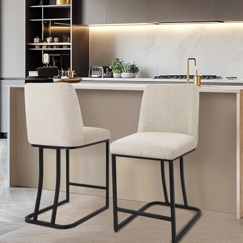Counter Height Bar Stools Set of 2, 24 Inch Seat Height Bar Chairs for Kitchen Island, Linen Fabric Upholstered Barstools with Metal Feet for Dining Room, Beige by KRAMZMINGQualityHome