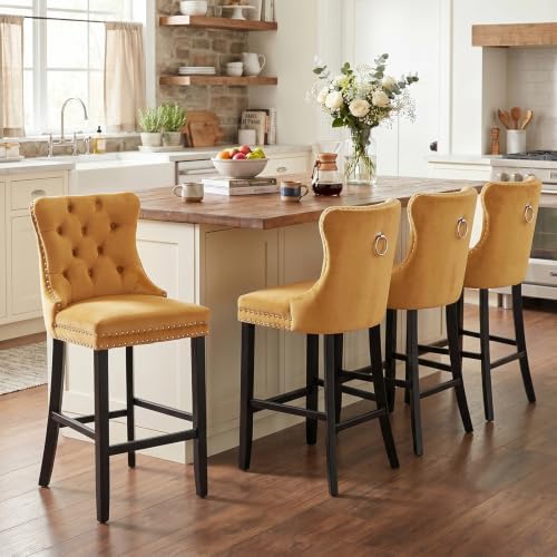 SoarFlash Modern Velvet Upholstered Bar Stools Set of 4 with Wood Legs, Button Tufted,Chrome Nailhead, Counterstool Seat, Armless Bar Chairs (Gold) by SoarFlash