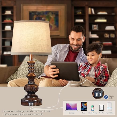 Drawealth Vintage Bedside Table Lamps Set of 2 for Bedroom Nightstand Lamps with USB Charging Ports Rustic Farmhouse Small Table Lamp for Living Room End Tables Brown Wooden Finish, Pull Chain - Image 4