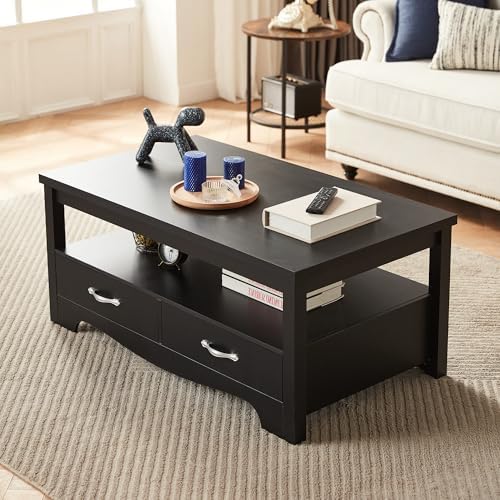 LINSY HOME Farmhouse Coffee Table with Storage, Wood Coffee Table for Living Room, Open Display Area and Storage Drawers with Metal Handles, Chic Style with Curved Base, Black - Image 2