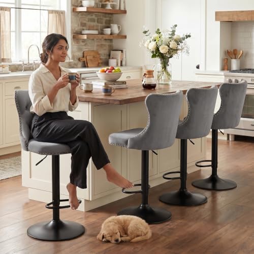 SoarFlash Velvet Bar Stool Set of 4, Adjustable Swivel Bar Stools with Black Metal Leg, Button Tufted, Footrest, Chrome Nailhead, Counter Height Chair for Kitchen, Bar, Dining Room (Grey) - Image 5