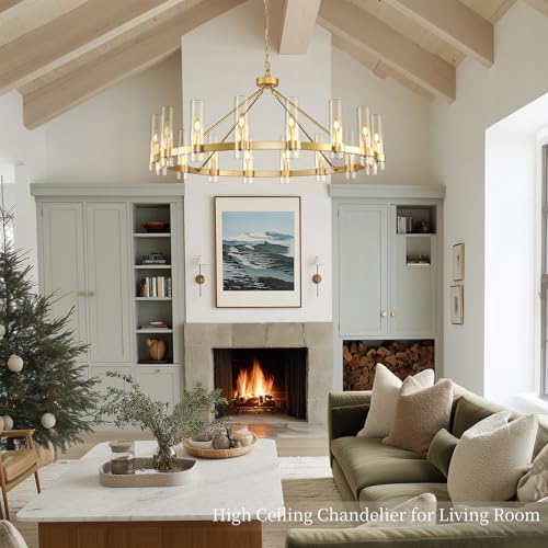Gold Wagon Wheel Chandelier, 48 Inch Chandeliers with Glass Shade, 16 Light Chandelier for High Ceiling, Modern Farmhouse Chandeliers for Living Room, Dining Room, Entryway, Stairwell(Bulbs Included) - Image 4