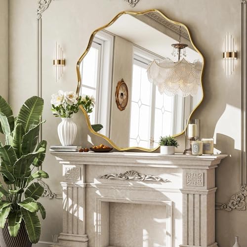 VooBang Gold Scalloped Circle Mirror, 36" Wavy Edge Round Wall Mirror by VooBang