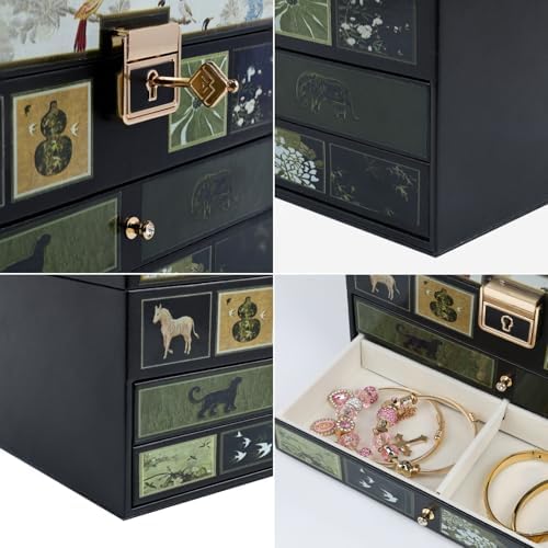 Vintage Jewelry Box with Multiple Drawers, Lockable Lid, Velvet-lined, Black with Animal Motif, Necklace and Ring Organizer (green) - Image 7