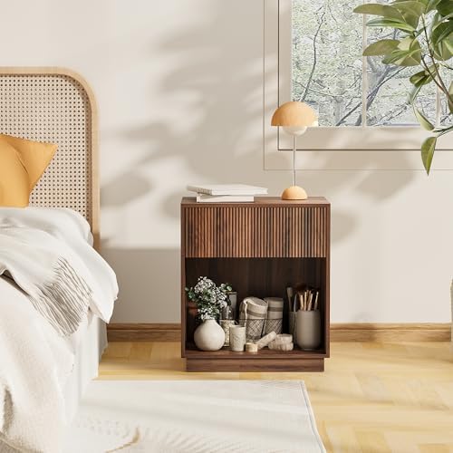 Fluted Nightstands Set of 2, Modern Bedside Table with Drawer and Storage Shelf, Wood End Table Mid Century Night Stands for Bedroom Living Room Sofa Couch Office (Walnut) - Image 6