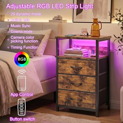 Fixwal Night Stand with 3 Fabric Drawers, Nightstand with Charging Station - Image 4